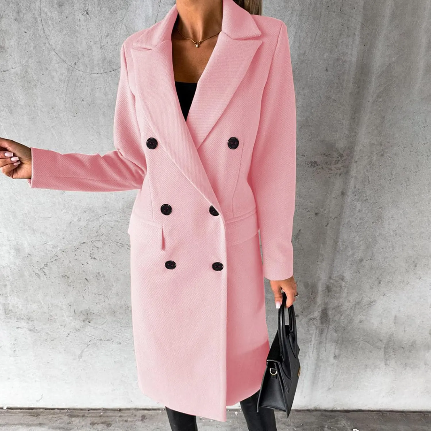 Long Trench Coat for Women Casual Double Breasted Pea Coat Winter Notched Lapel Midi Wool Coat Jacket Overcoat
