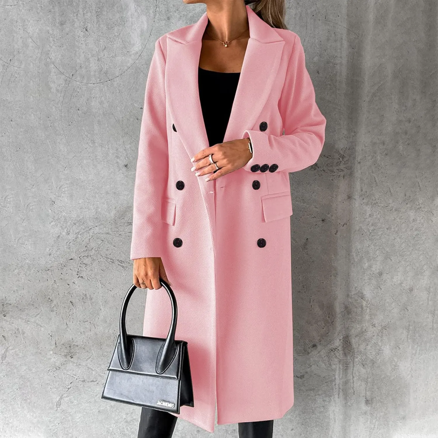 Long Trench Coat for Women Casual Double Breasted Pea Coat Winter Notched Lapel Midi Wool Coat Jacket Overcoat