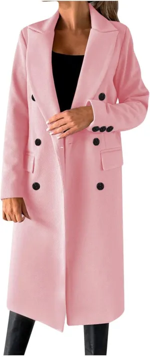 Long Trench Coat for Women Casual Double Breasted Pea Coat Winter Notched Lapel Midi Wool Coat Jacket Overcoat
