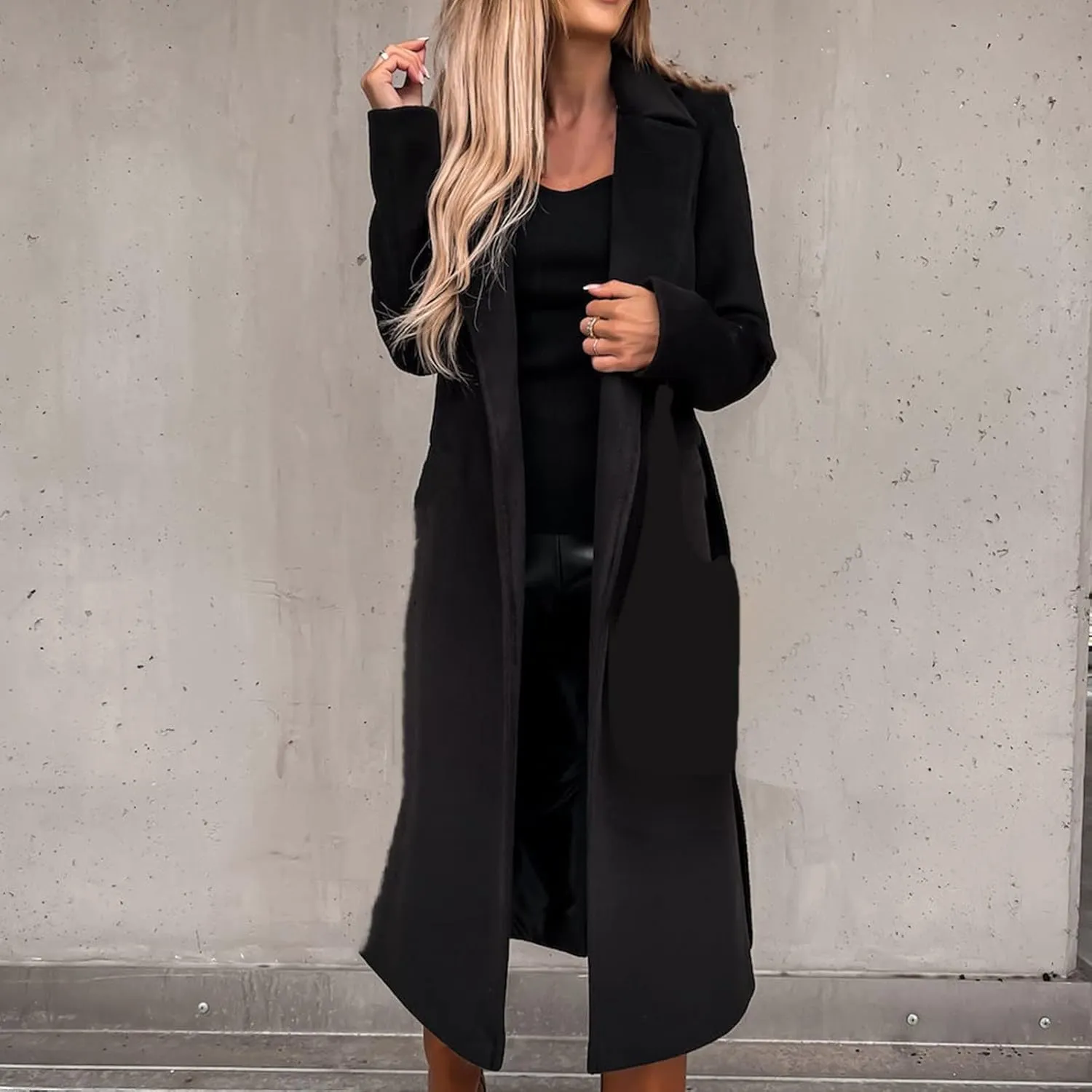 Long Wool Coats for Women Trendy Notched Collar Open Front Trench Coat Woolen Blend Warm Fall Winter Jacket Outwear