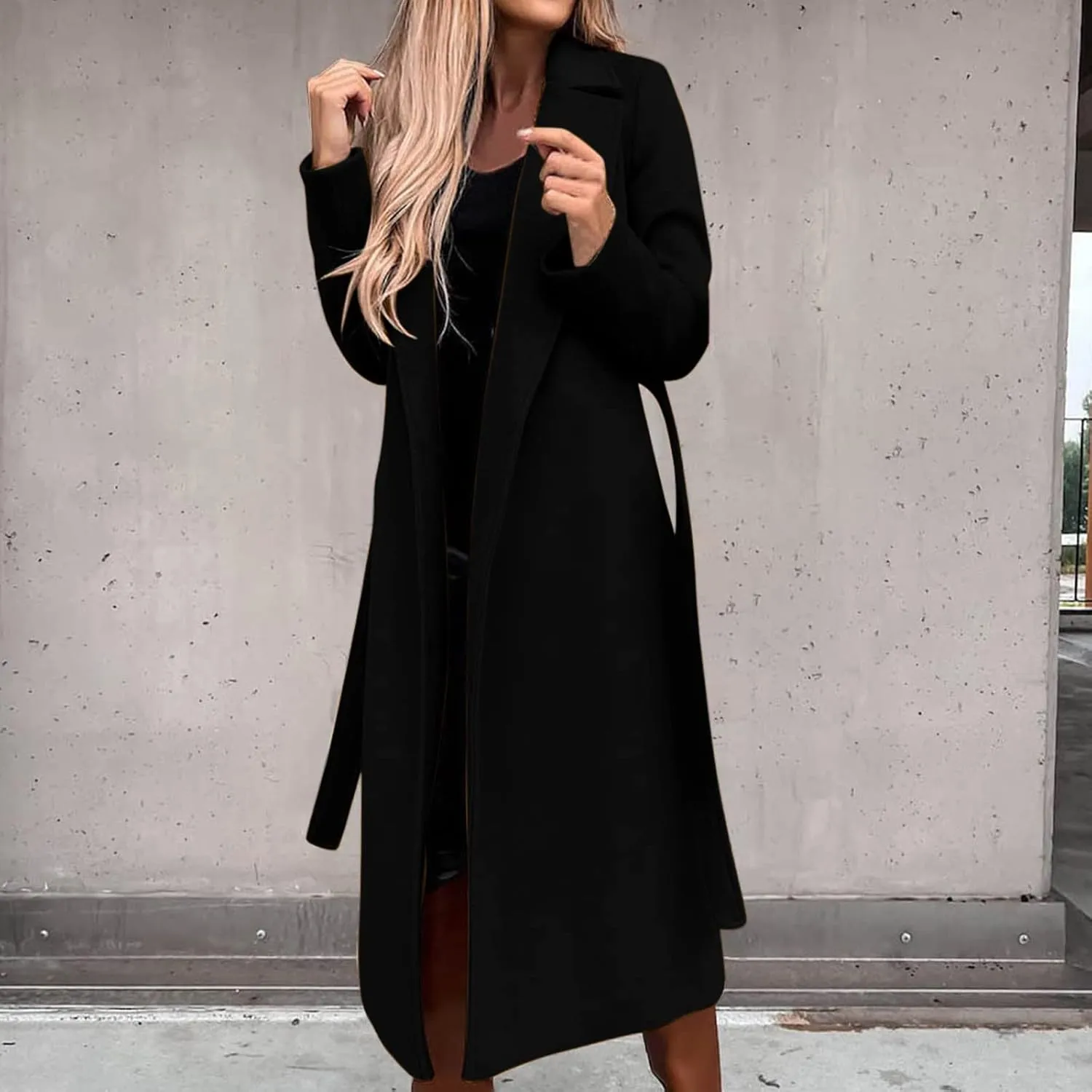Long Wool Coats for Women Trendy Notched Collar Open Front Trench Coat Woolen Blend Warm Fall Winter Jacket Outwear