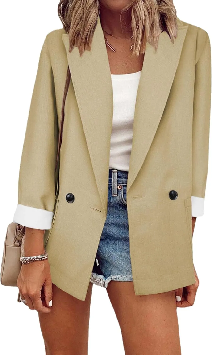 MAYRAIN Women's Casual Solid Color Blazers Utility Pockets Lapel Outerwears Spring-Summer Business Cardigan Jackets