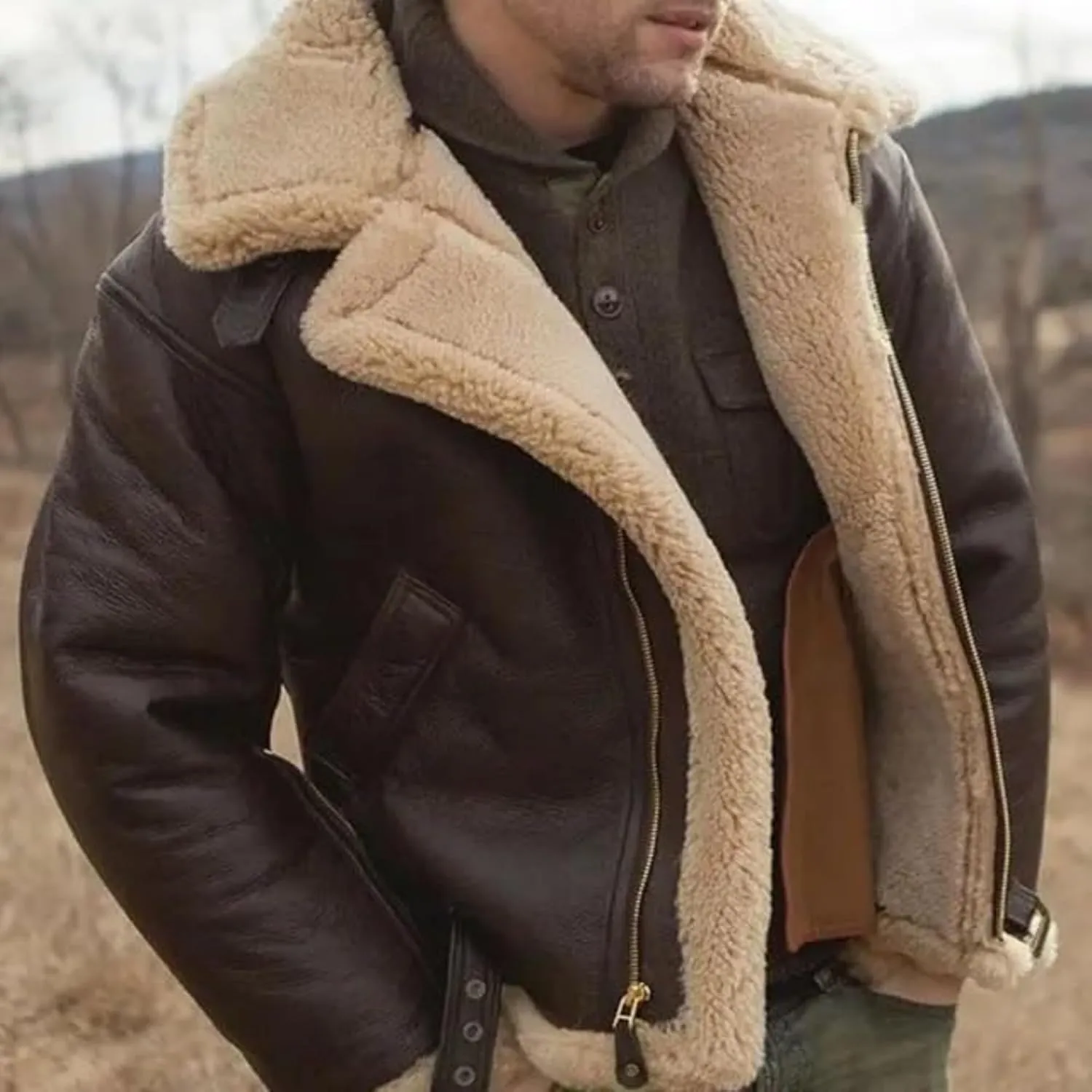 Men Aviator Bomber Coat Faux Shearling Sheepskin Leather Jacket Fur Lined Bomber Jackets Thickening Outercoat