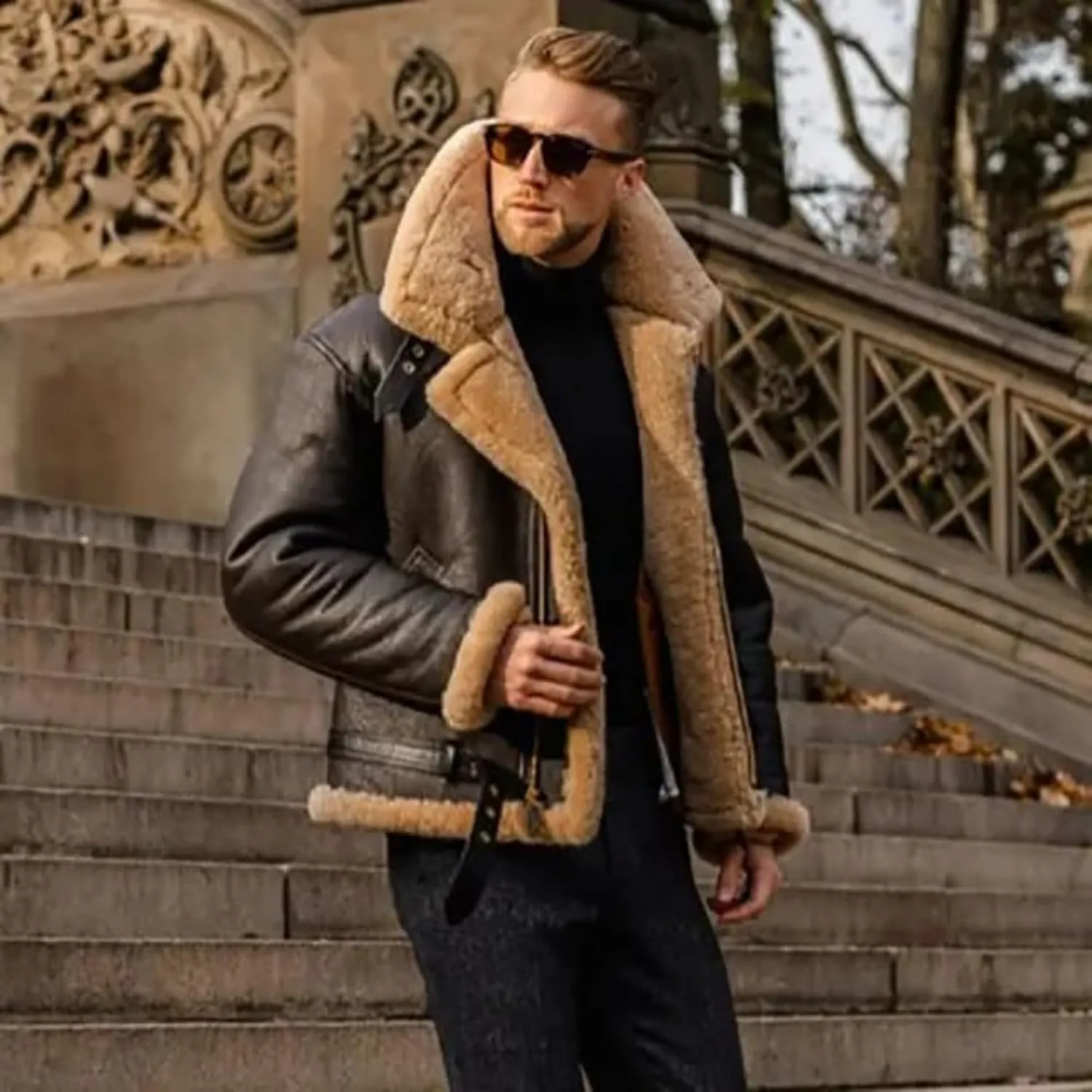 Men Aviator Bomber Coat Faux Shearling Sheepskin Leather Jacket Fur Lined Bomber Jackets Thickening Outercoat
