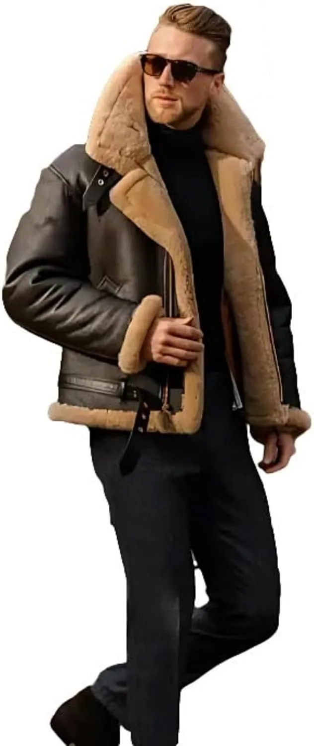 Men Aviator Bomber Coat Faux Shearling Sheepskin Leather Jacket Fur Lined Bomber Jackets Thickening Outercoat
