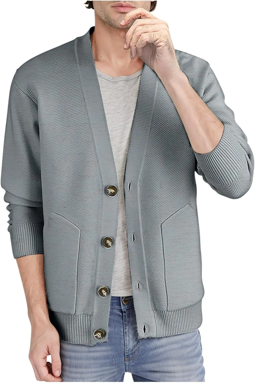 Men Cardigan Sweaters Chunky Knitted Cardigan Button Down Sweater V Neck Long Sleeve Sweaters Lightweight Cardigan