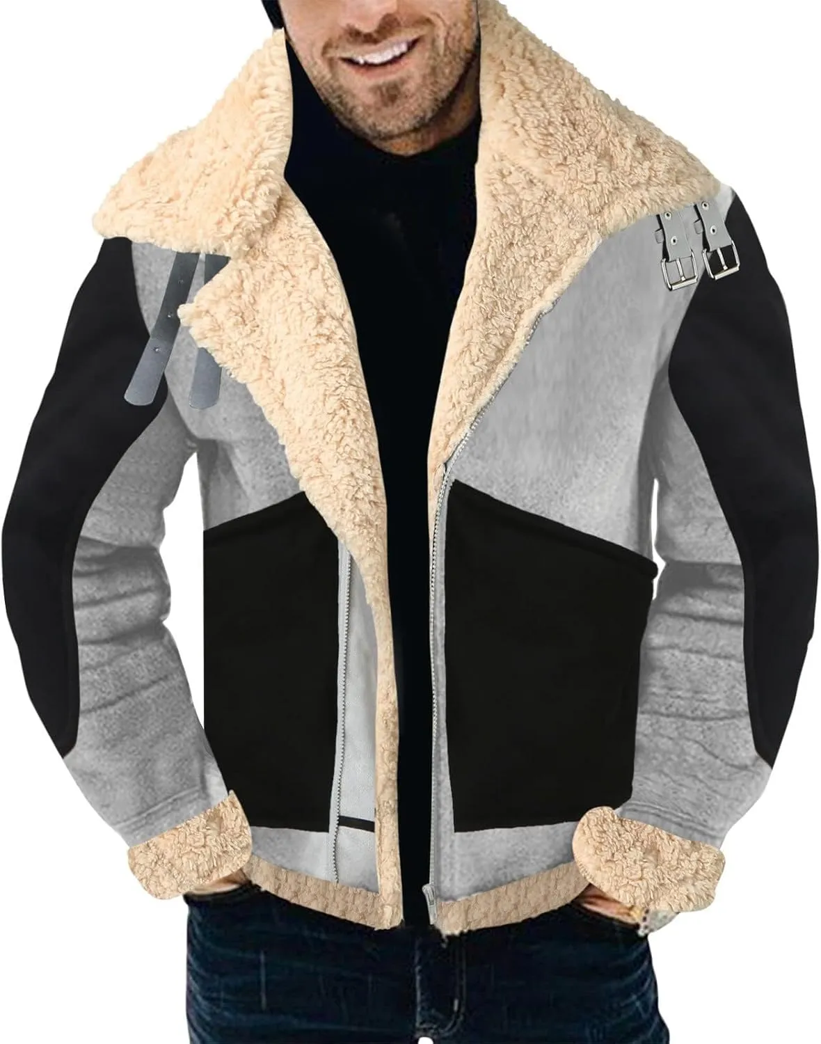 Men Colorblock Faux Fur Leather Jackets Sherpa Fleece Lined Open Front Lapel Trench Coat Winter Warm Outwears