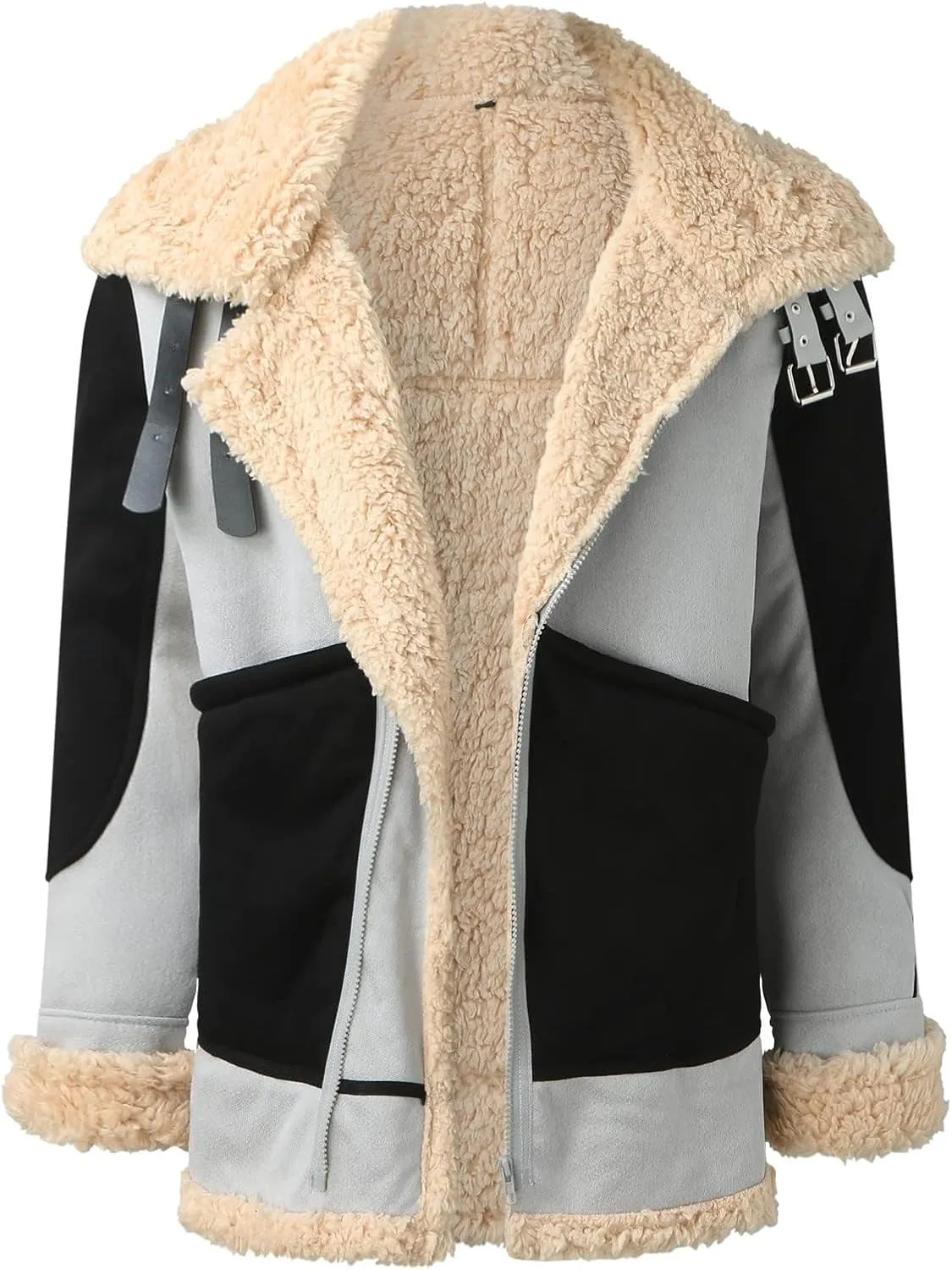 Men Faux Suede Sherpa Fleece Lined Jackets Color Block Fur Collar Long Trench Coat Winter Heavyweight Jackets