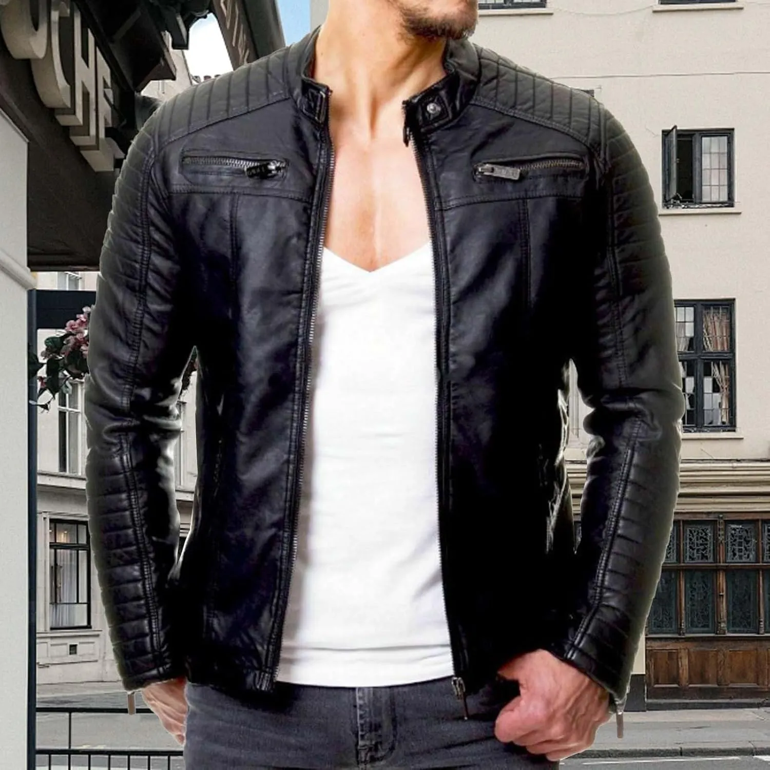 Men Leather Jacket Casual Solid Coat Simple Sports Zipper Coat Jacket Motorcycle Lightweight Faux Leather Outwear