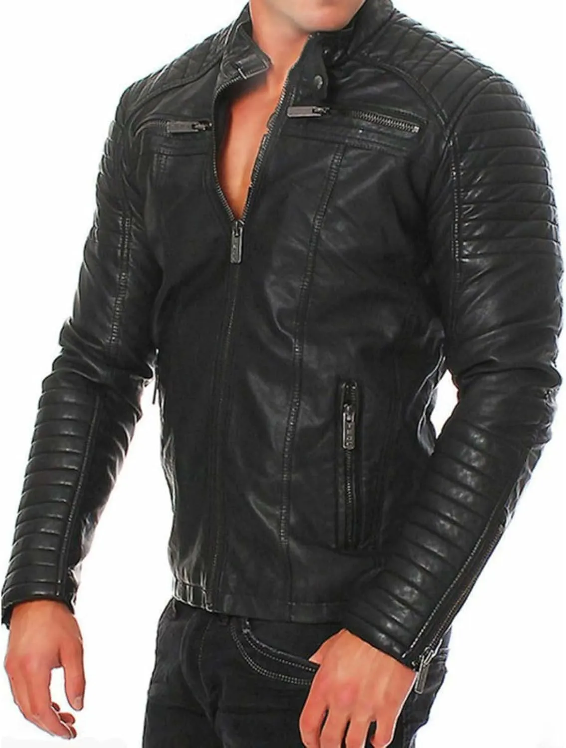 Men Leather Jacket Casual Solid Coat Simple Sports Zipper Coat Jacket Motorcycle Lightweight Faux Leather Outwear