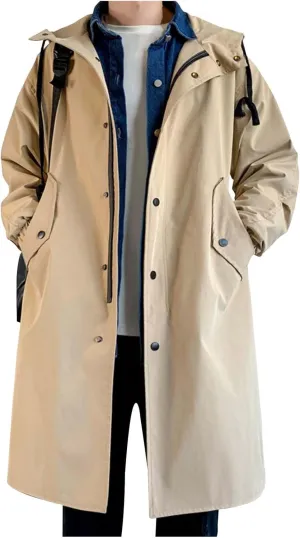 Men Plus Size Hooded Pea Coats Casual Zipper Up Long Sleeve Hoodies Trench Coat Winter Loose Fit Windbreaker