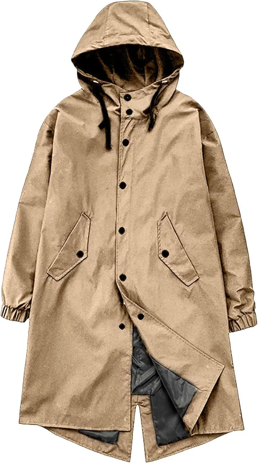 Men Plus Size Hooded Pea Coats Casual Zipper Up Long Sleeve Hoodies Trench Coat Winter Loose Fit Windbreaker