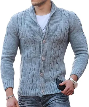 Men V Neck Button-Down Cardigan Casual Shawl Collar Button up Sweaters Cable Knit Ribbed Cardigans Sweater