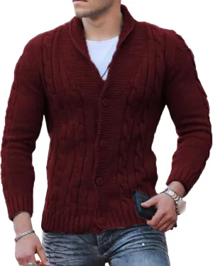 Men V Neck Button-Down Cardigan Casual Shawl Collar Button up Sweaters Cable Knit Ribbed Cardigans Sweater