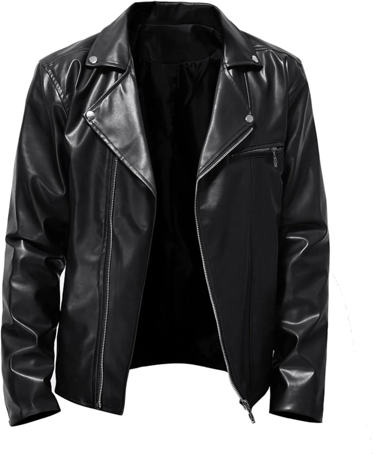 Mens Black Faux Leather Jacket Zip Up Fitted PU Leather Windbreaker Jackets Motorcycle Biker Coat with Pocket