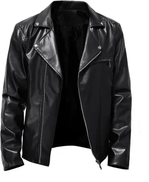 Mens Black Faux Leather Jacket Zip Up Fitted PU Leather Windbreaker Jackets Motorcycle Biker Coat with Pocket