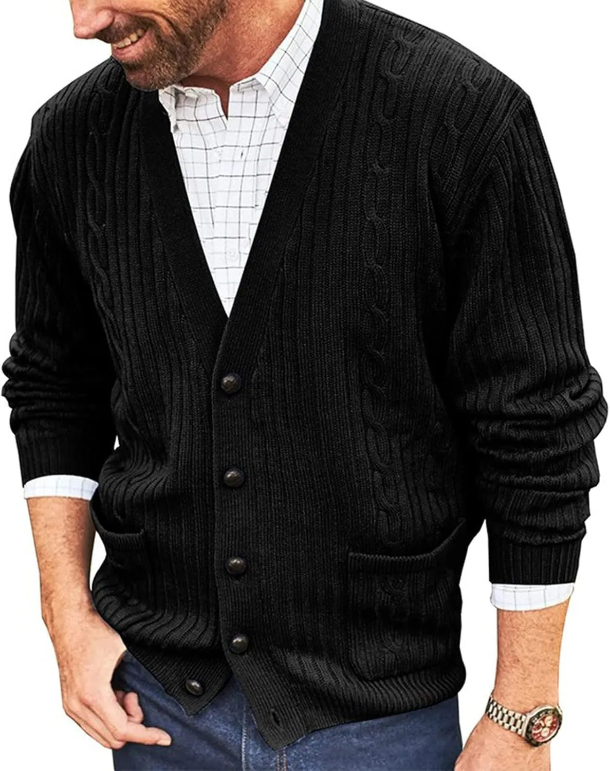 Mens Cardigan Sweaters with Buttons Men's V Neck Casual Button Down Long Sleeve Knitted Lightweight Cardigan Sweaters