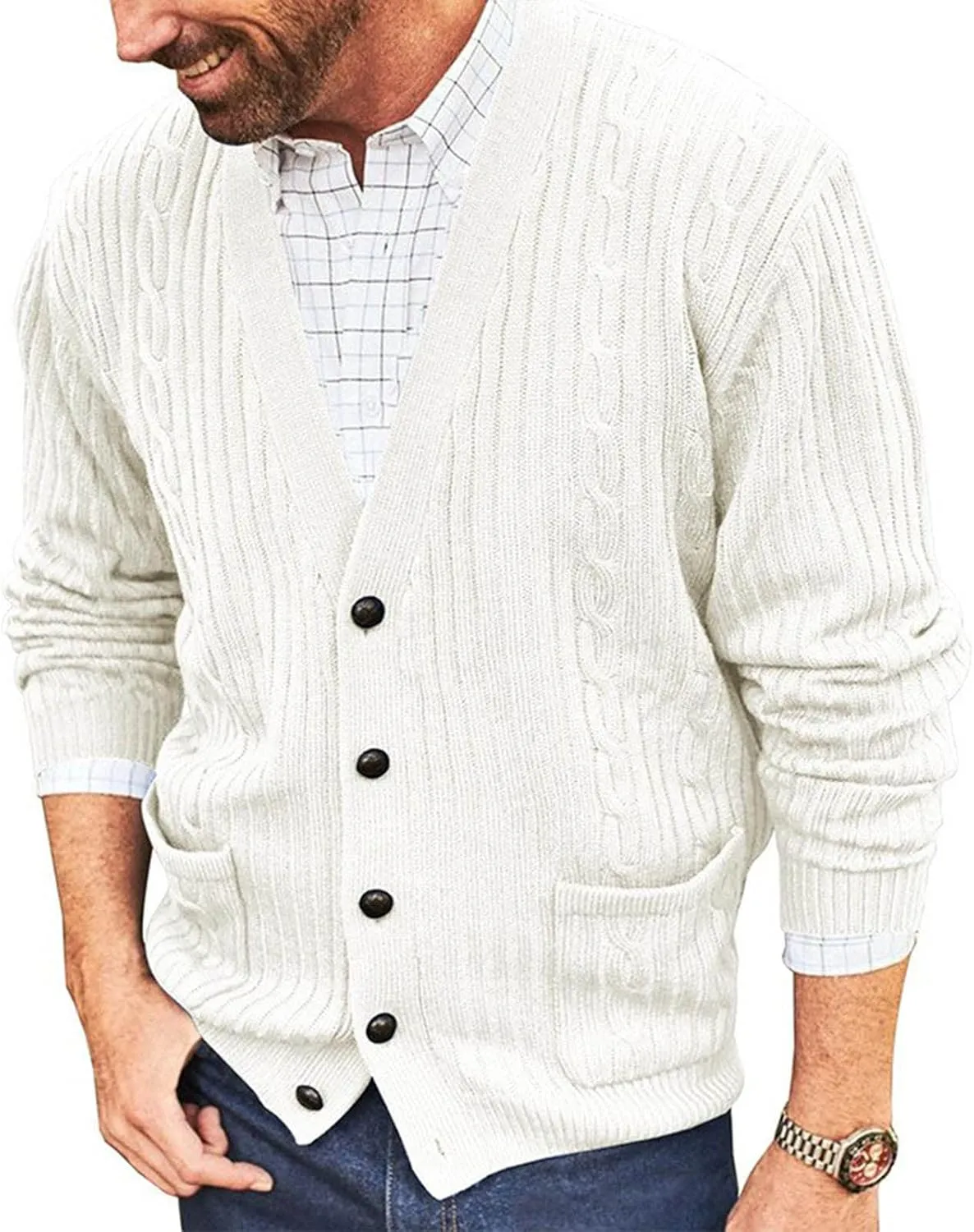 Mens Cardigan Sweaters with Buttons Men's V Neck Casual Button Down Long Sleeve Knitted Lightweight Cardigan Sweaters