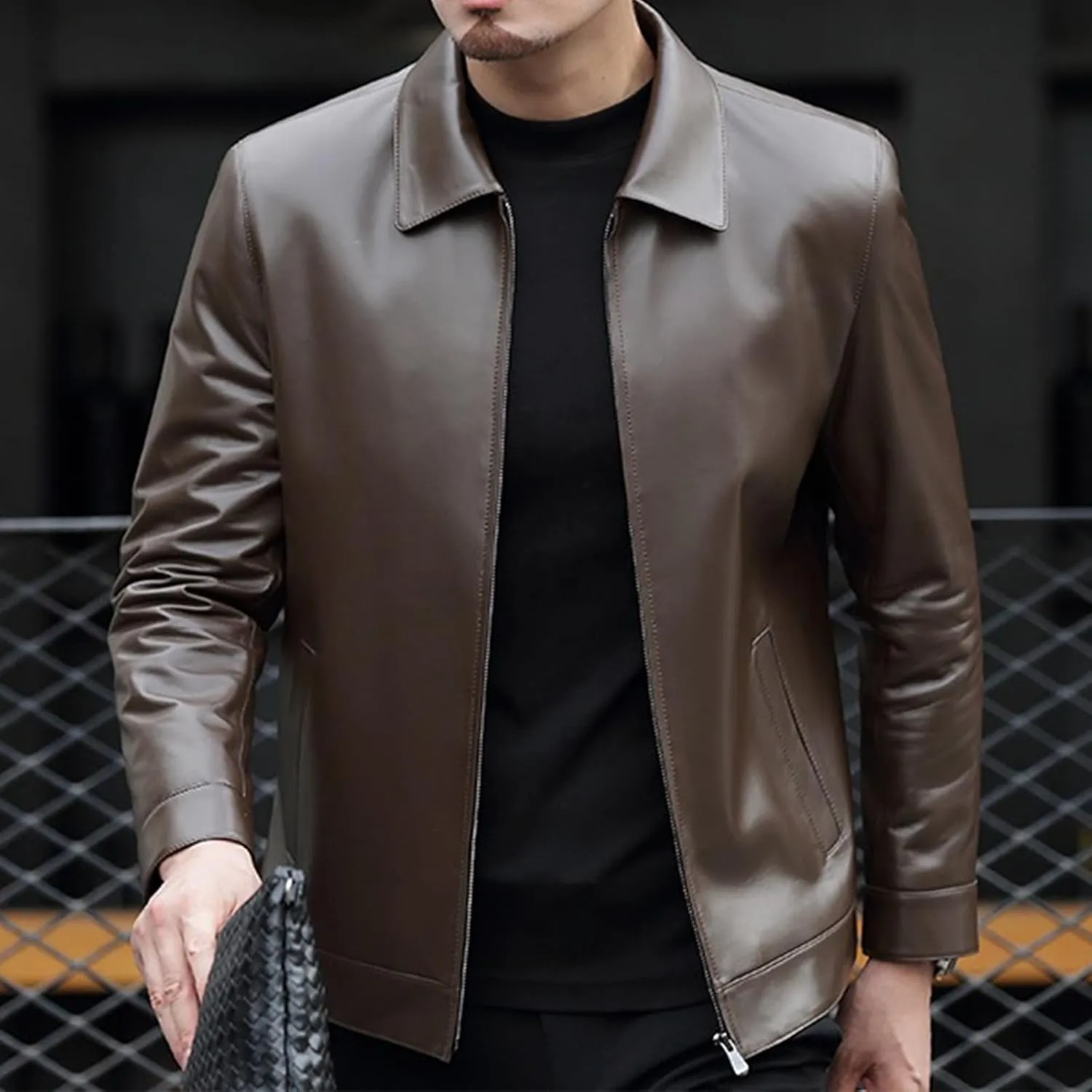Mens Casual Lapel Collar Slim Fit Faux Leather PU Jacket Classic Solid Biker Motorcycle Jackets Trendy Bomber Coats