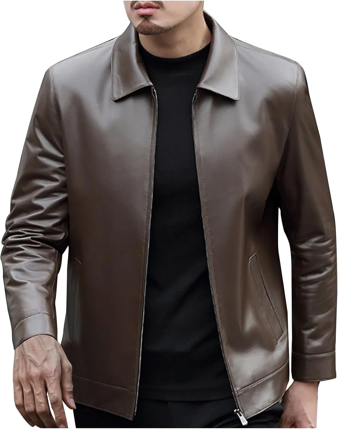 Mens Casual Lapel Collar Slim Fit Faux Leather PU Jacket Classic Solid Biker Motorcycle Jackets Trendy Bomber Coats
