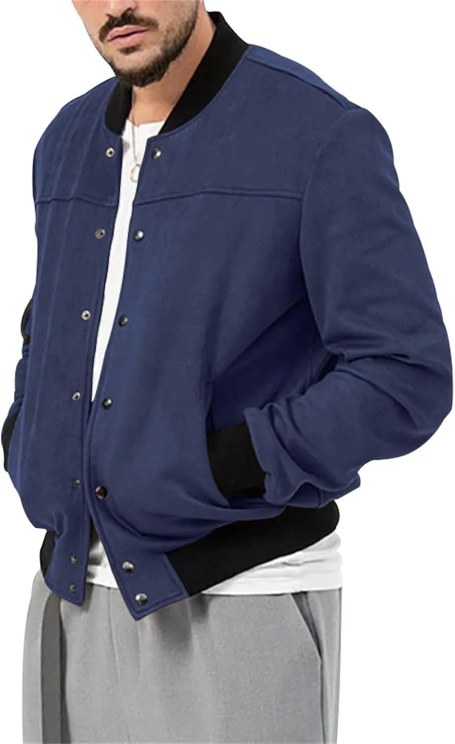 Mens Casual Long Sleeve Varsity Cardigan Jacket Suede Bomber Button Down Lightweight Baseball Letterman Jacket