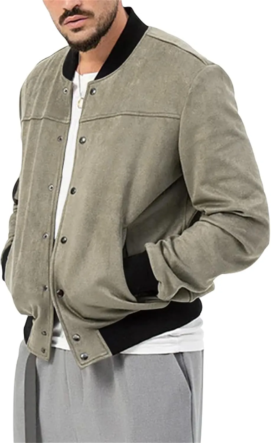 Mens Casual Long Sleeve Varsity Cardigan Jacket Suede Bomber Button Down Lightweight Baseball Letterman Jacket