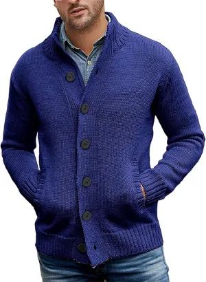 Mens Casual Stand Collar Cardigan Button Down Cable Knitted Sweater Wool Blended Soft Outwear Coat with Pockets