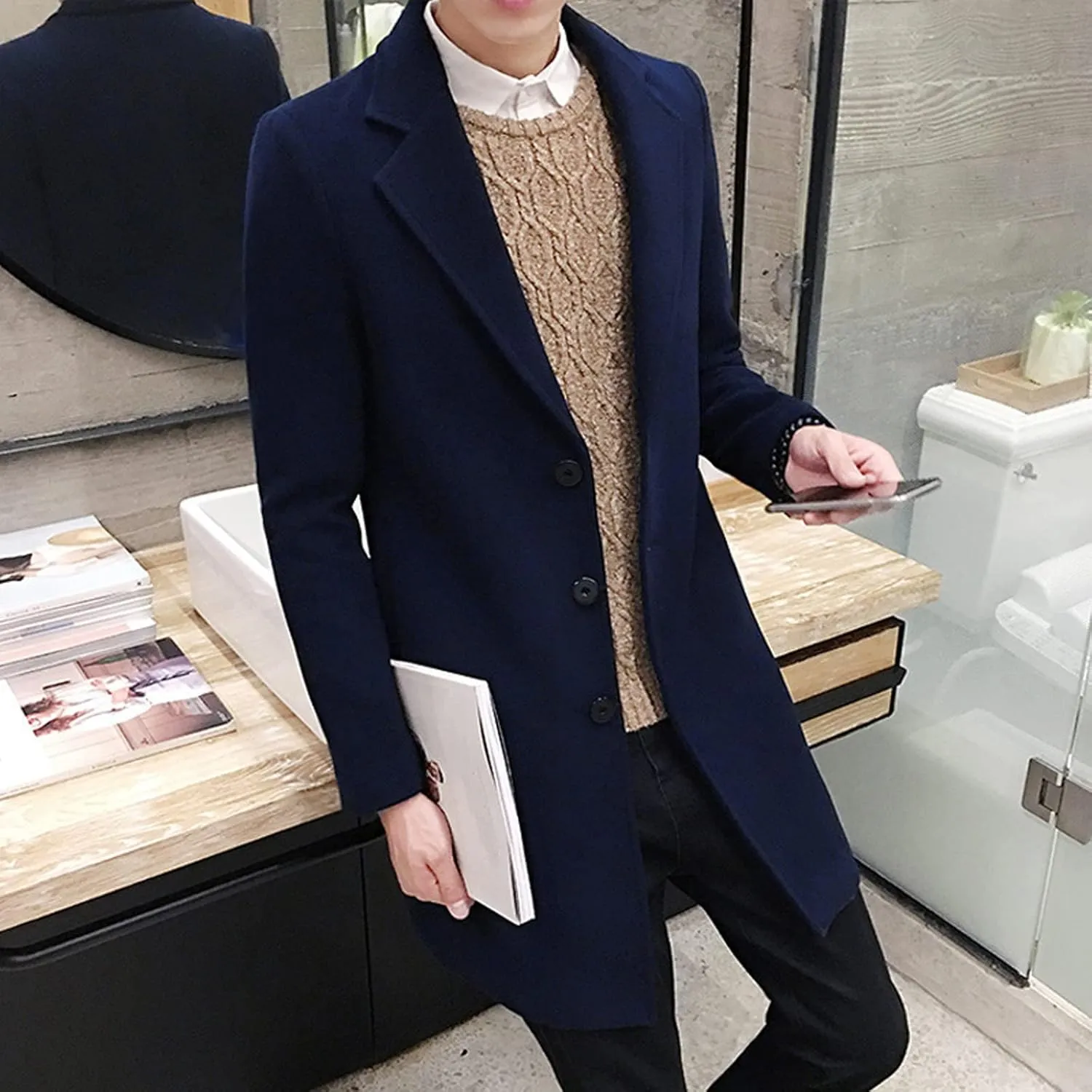 Men's Casual Trench Coat Slim Fit Spread Collar Long Sleeve Jacket Thicken Overcoat Plus Size Vintage Breasted Pea Coat