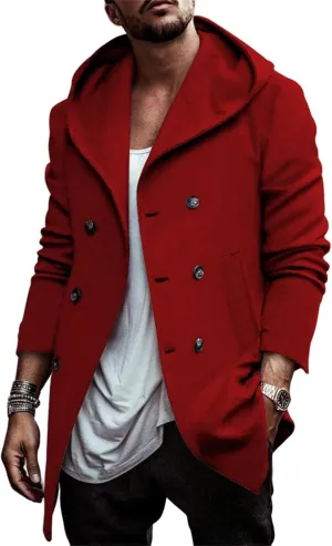 Mens Classic Pea Coat Hoodie Notched Collar Double Breasted Slim Fit Winter Warm Trench Coats for Men with Hood