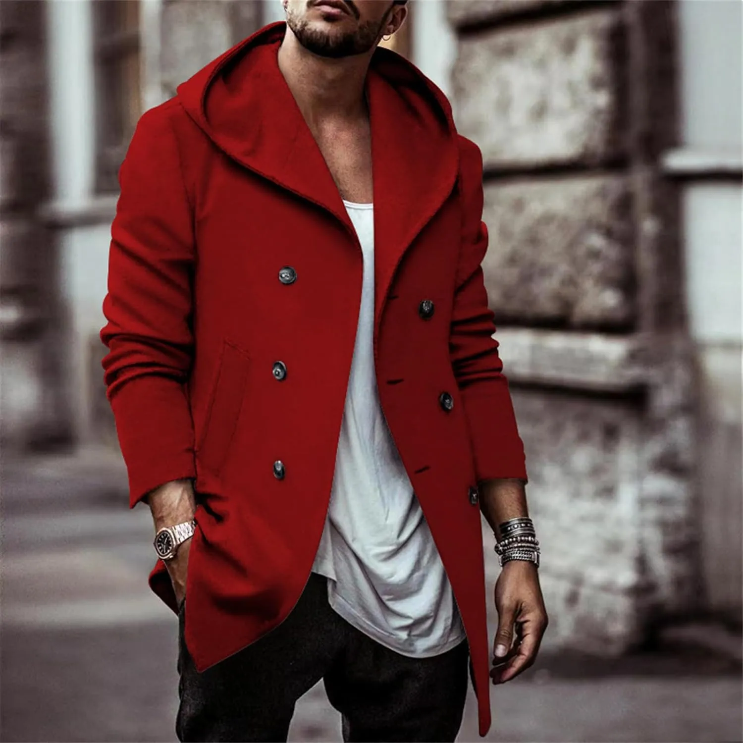 Mens Classic Pea Coat Hoodie Notched Collar Double Breasted Slim Fit Winter Warm Trench Coats for Men with Hood