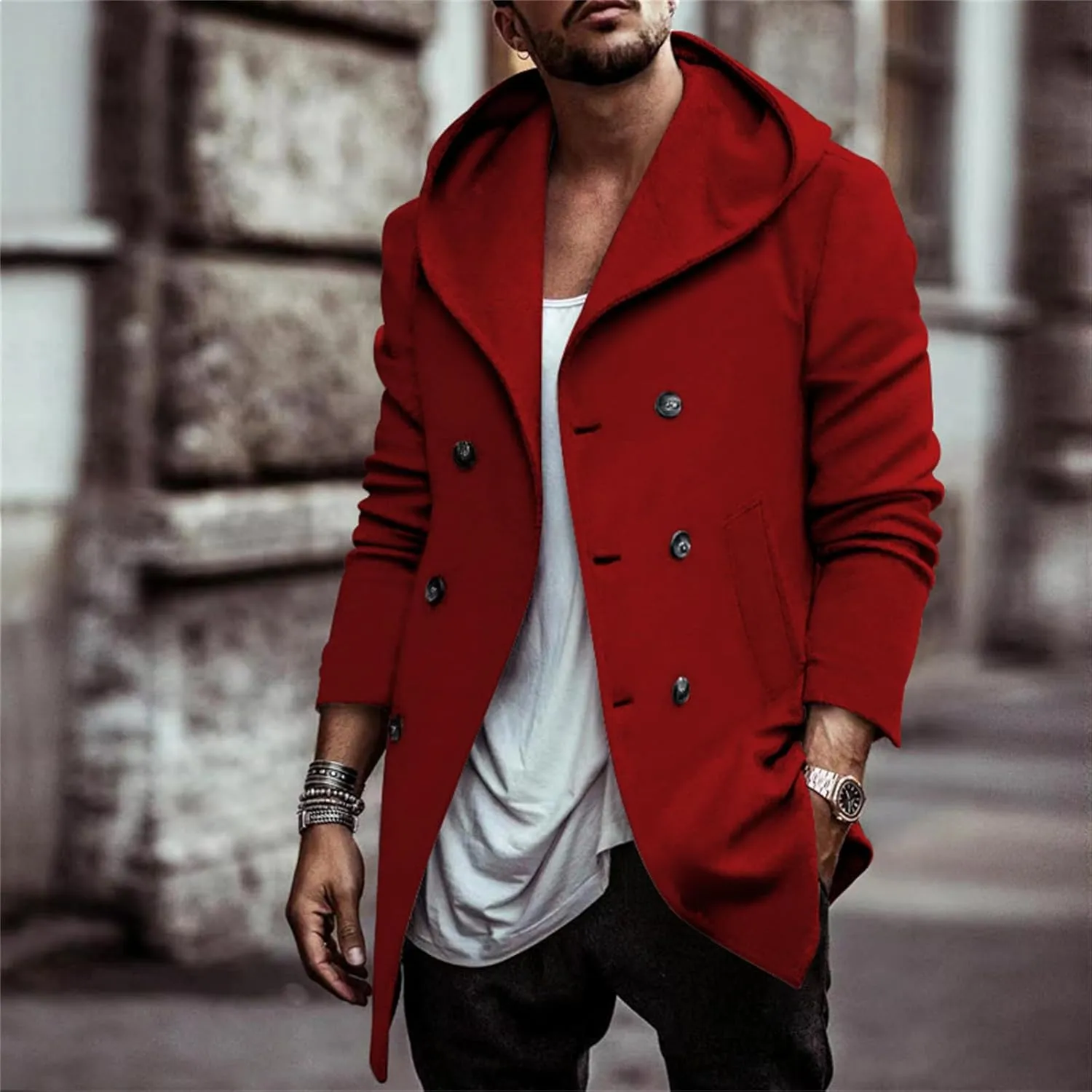 Mens Classic Pea Coat Hoodie Notched Collar Double Breasted Slim Fit Winter Warm Trench Coats for Men with Hood