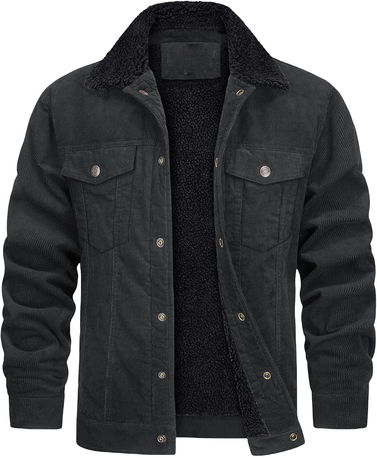 Men's Corduroy Sherpa Lined Trucker Jacket Winter Fleece Warm Coats Work Button Down Fur Collar Shirt Jacket for Men
