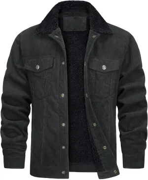 Men's Corduroy Sherpa Lined Trucker Jacket Winter Fleece Warm Coats Work Button Down Fur Collar Shirt Jacket for Men