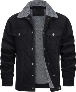 Mens Corduroy Trucker Jacket with Sherpa Fleece Lining Warm Winter Coat Thick Cotton Casual Lapel, Snap Buttons