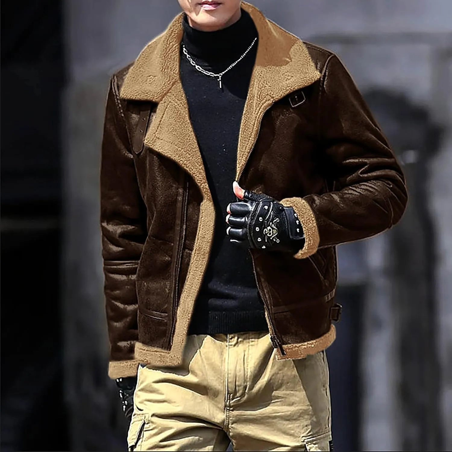 Men's Cropped Winter Sherpa Jacket Casual Suede Leather Windbreaker Trench Coat Thermal Fleece Lined Bomber Jacket