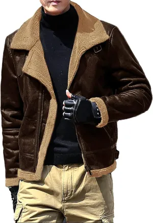 Men's Cropped Winter Sherpa Jacket Casual Suede Leather Windbreaker Trench Coat Thermal Fleece Lined Bomber Jacket
