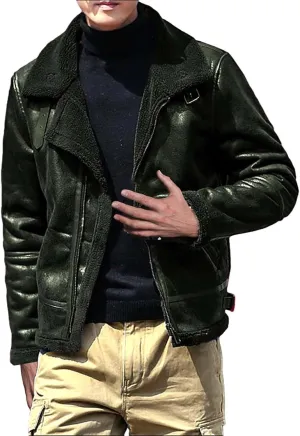 Men's Cropped Winter Sherpa Jacket Casual Suede Leather Windbreaker Trench Coat Thermal Fleece Lined Bomber Jacket