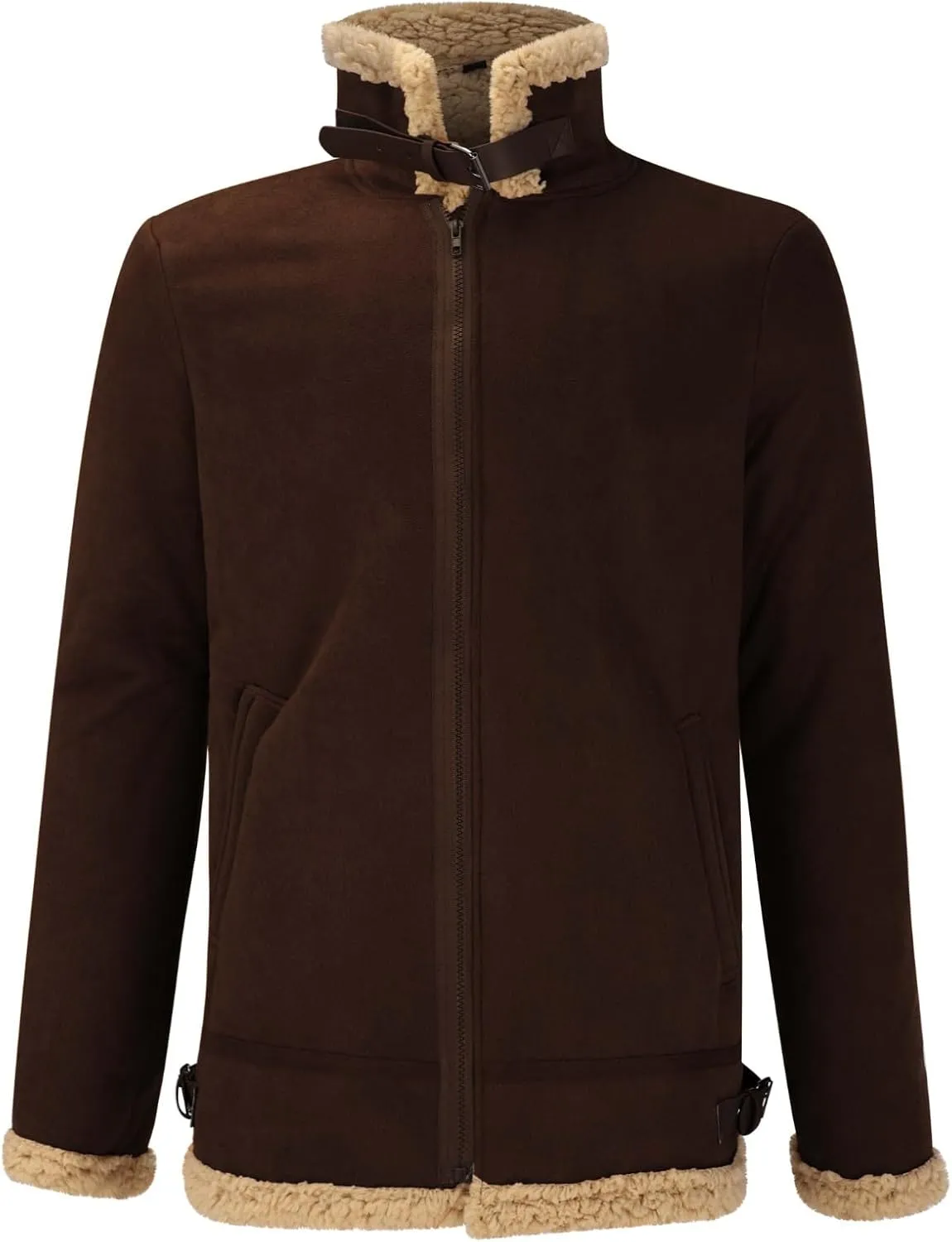 Men's Cropped Winter Sherpa Jacket Casual Suede Leather Windbreaker Trench Coat Thermal Fleece Lined Bomber Jacket