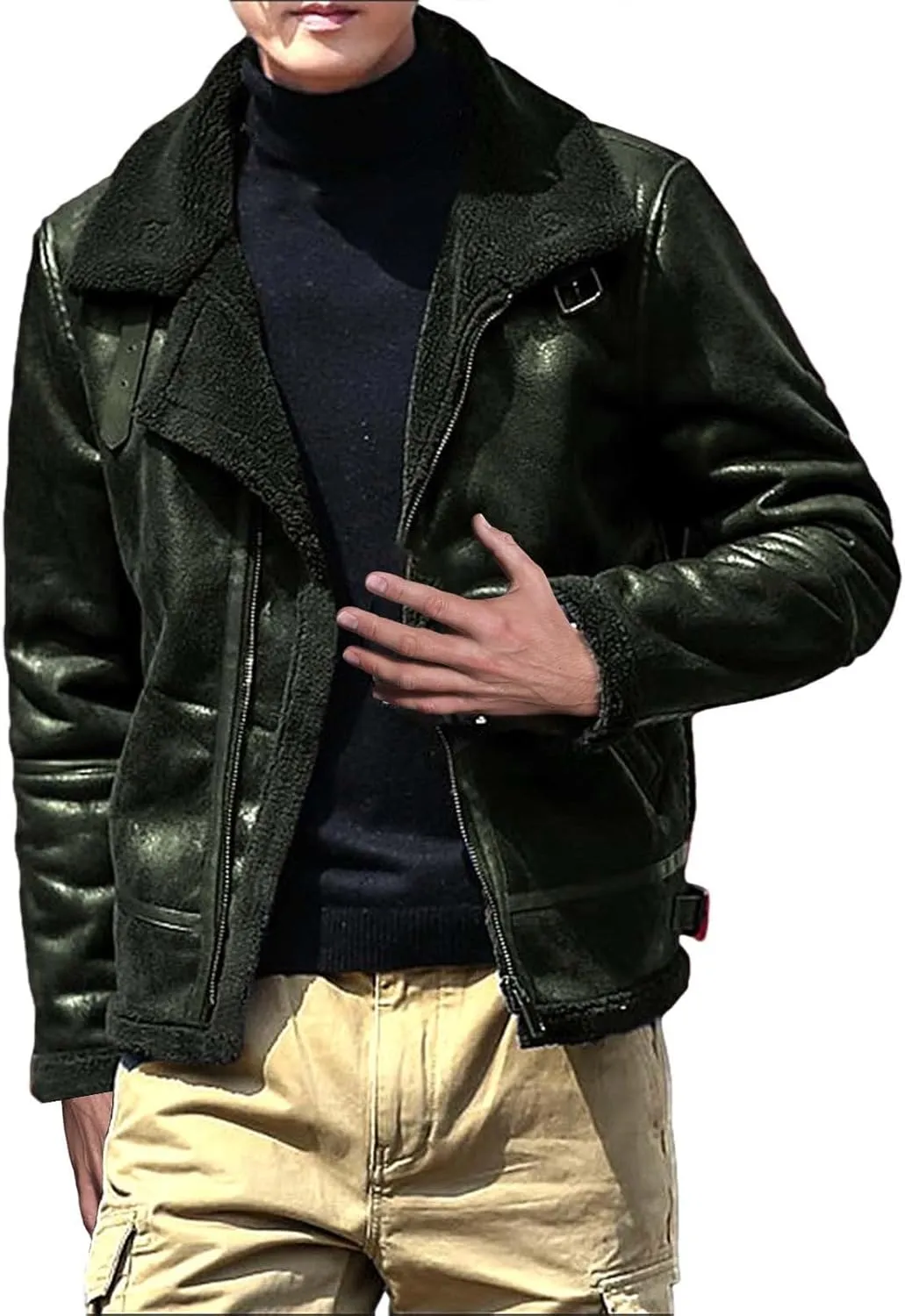Men's Cropped Winter Sherpa Jacket Casual Suede Leather Windbreaker Trench Coat Thermal Fleece Lined Bomber Jacket