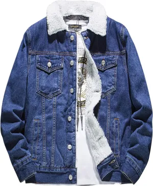 Mens Denim Jacket Winter Lapel Sherpa Fleece Lined Thicken Casual Stylish Warm Button Trucker Jean Jackets Coats, L-6XL