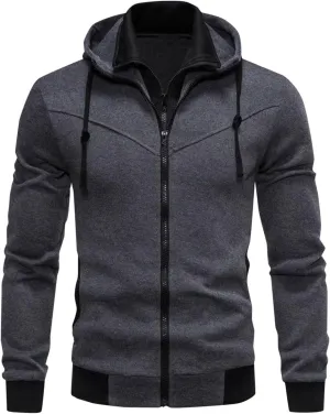 Men's Double Zipper Stand Collar Jacket Drawstring Long Sleeve Hooded Sweatshirt Fashion Casual Jacket with Pockets