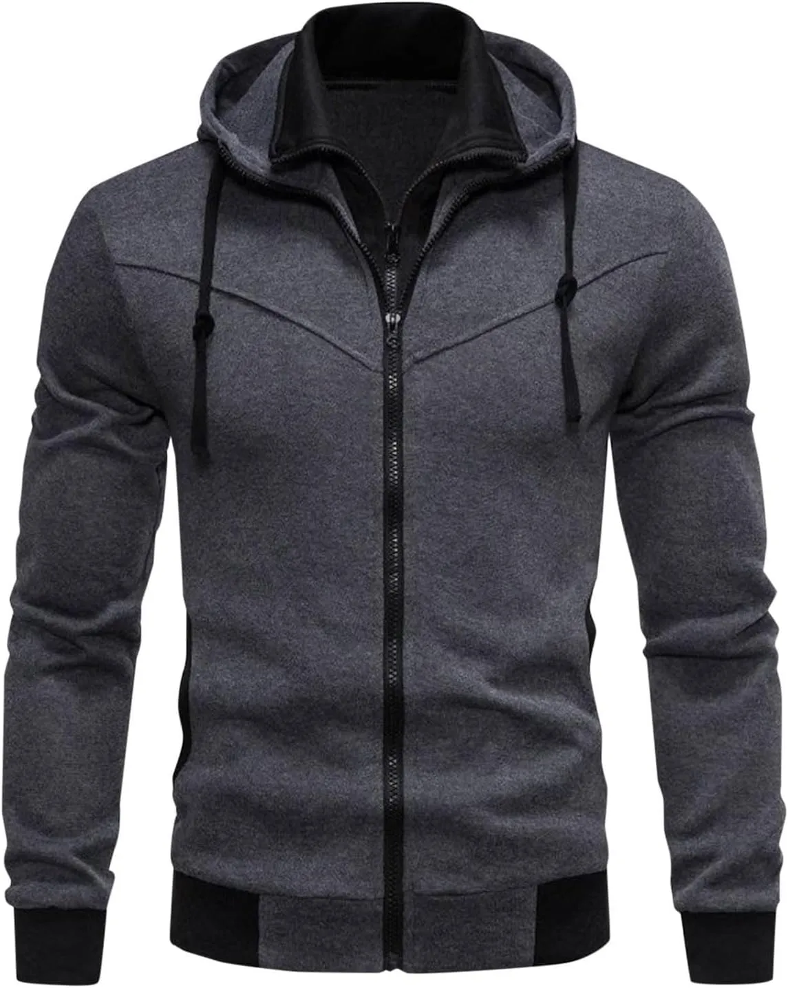 Men's Double Zipper Stand Collar Jacket Drawstring Long Sleeve Hooded Sweatshirt Fashion Casual Jacket with Pockets