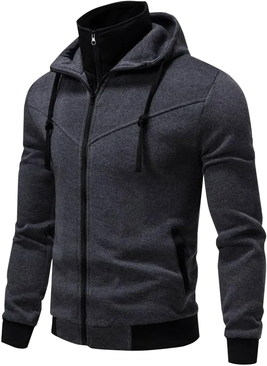 Men's Double Zipper Stand Collar Jacket Drawstring Long Sleeve Hooded Sweatshirt Fashion Casual Jacket with Pockets
