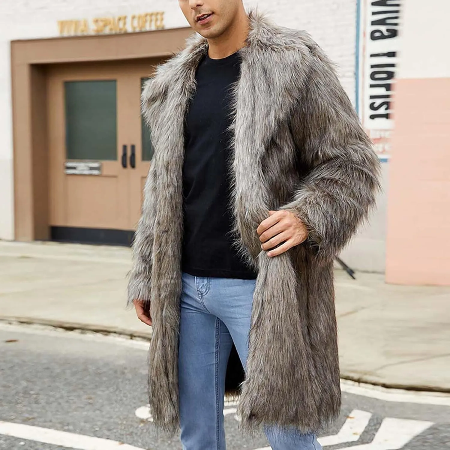 Mens Faux Fur Coat Open Front Thicken Warm Winter Overcoat Luxury Fluffy Soft Notched Lapel Long Jacket Parka Outwear