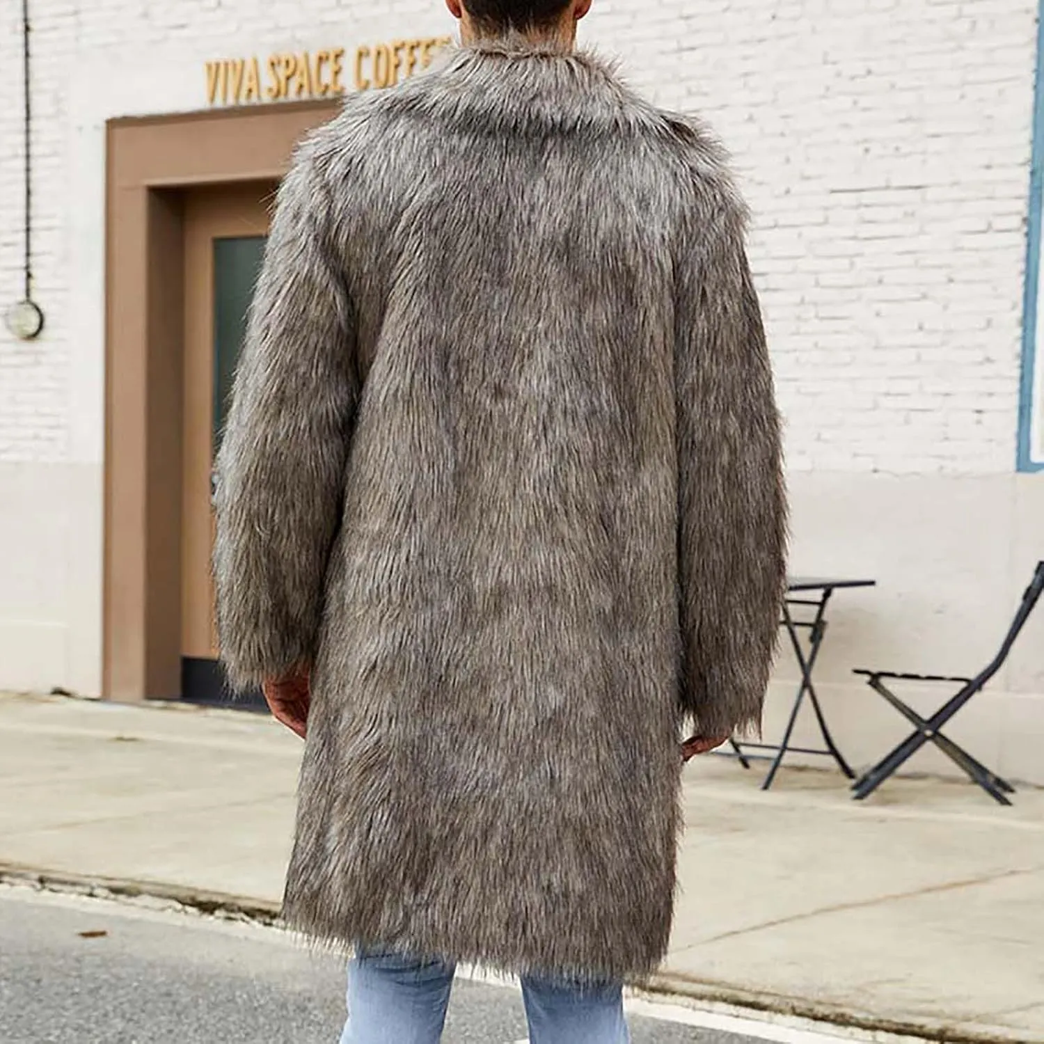 Mens Faux Fur Coat Open Front Thicken Warm Winter Overcoat Luxury Fluffy Soft Notched Lapel Long Jacket Parka Outwear