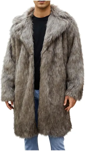 Mens Faux Fur Coat Open Front Thicken Warm Winter Overcoat Luxury Fluffy Soft Notched Lapel Long Jacket Parka Outwear