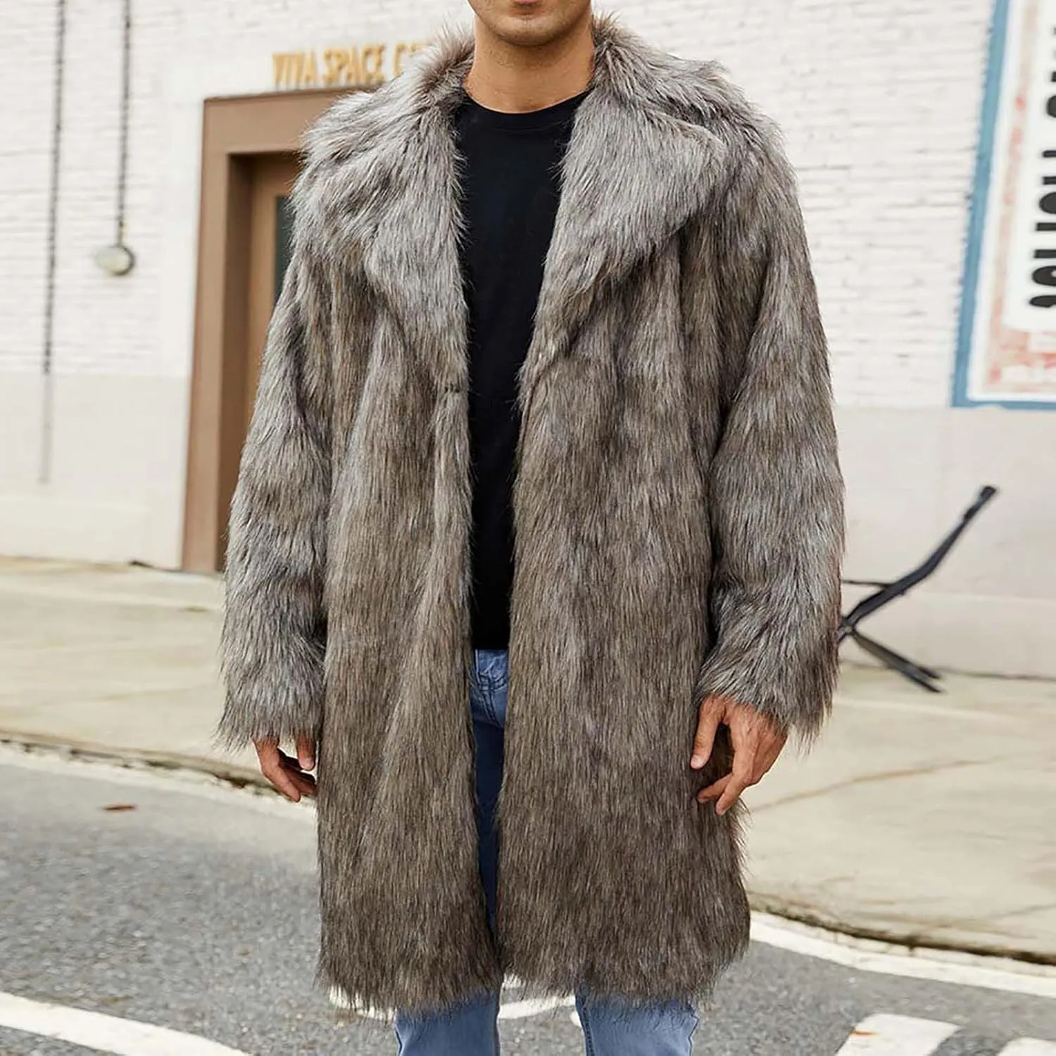 Mens Faux Fur Coat Open Front Thicken Warm Winter Overcoat Luxury Fluffy Soft Notched Lapel Long Jacket Parka Outwear