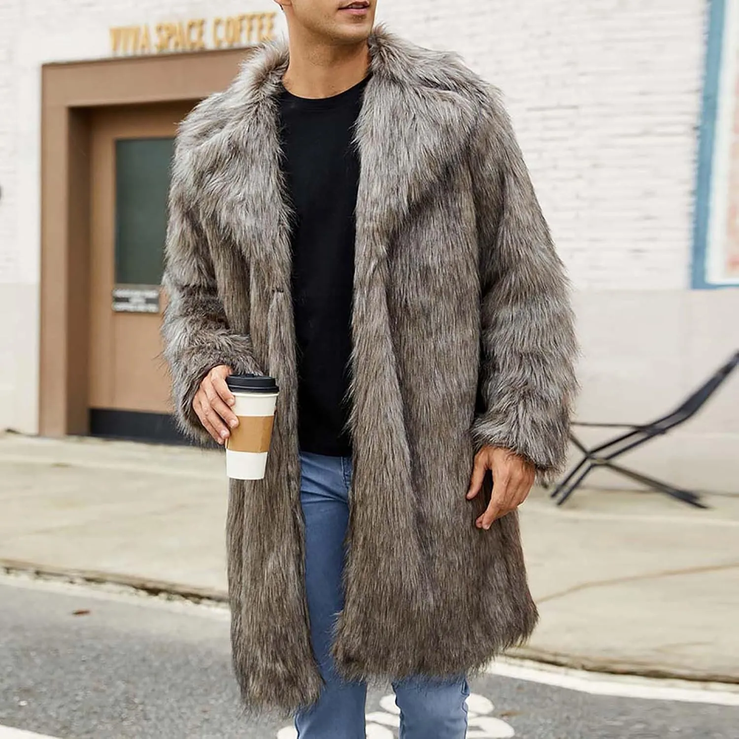 Mens Faux Fur Coat Open Front Thicken Warm Winter Overcoat Luxury Fluffy Soft Notched Lapel Long Jacket Parka Outwear