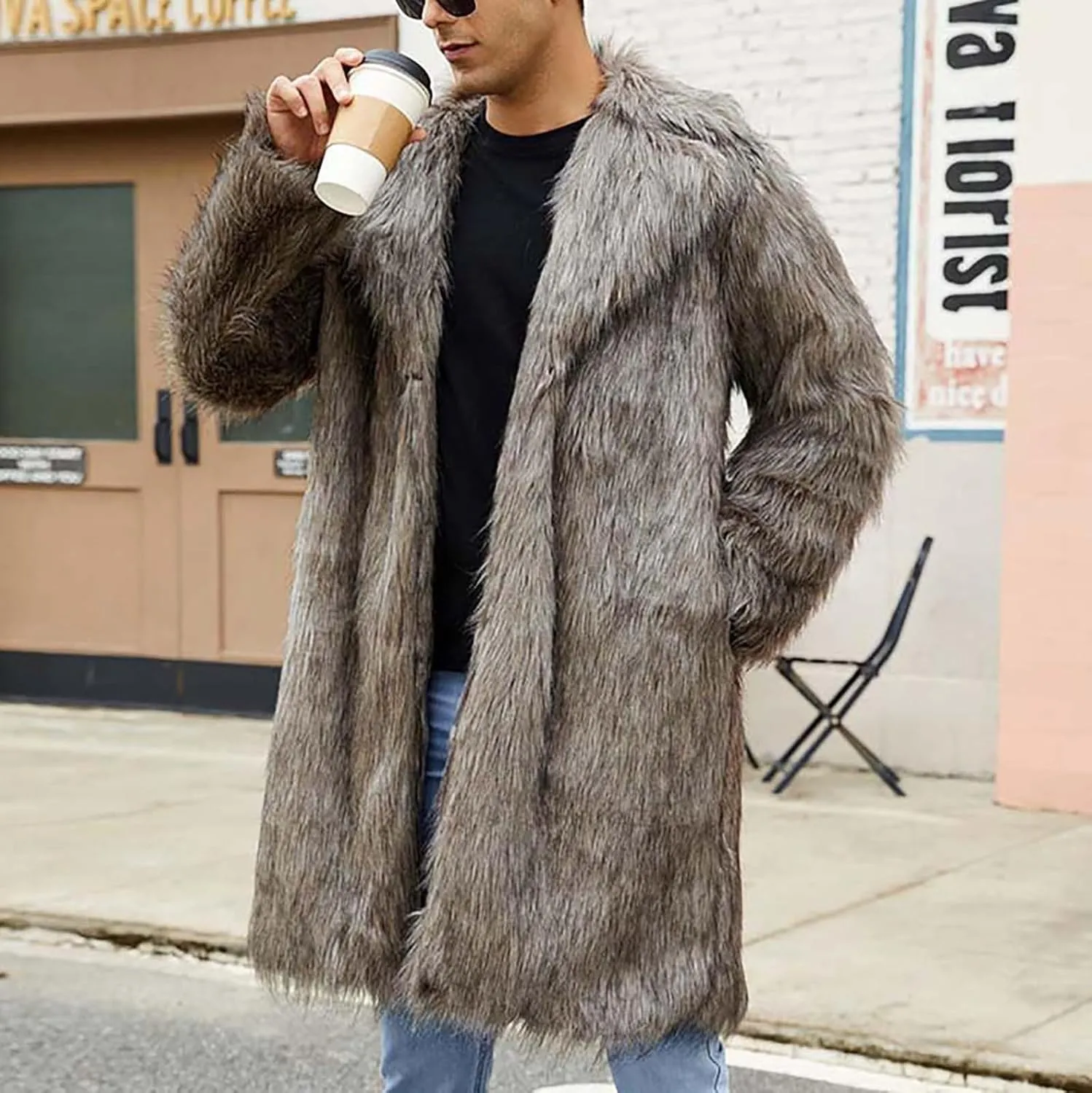 Mens Faux Fur Coat Open Front Thicken Warm Winter Overcoat Luxury Fluffy Soft Notched Lapel Long Jacket Parka Outwear