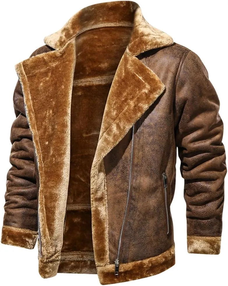 Mens Faux Fur Collar Leather Jacket Vintage Lapel Solid Motorcycle Leather Outwear Winter Fleece Lined Thick Warm Coat Jacket